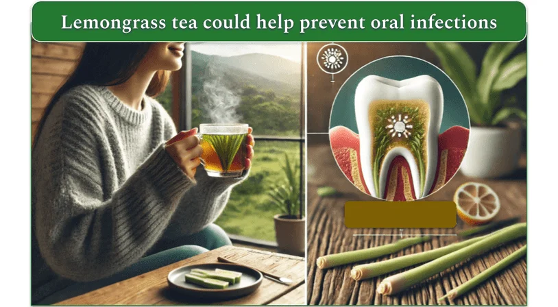 An image showing a young woman drinking lemongrass tea and indicating its antimicrobial properties.