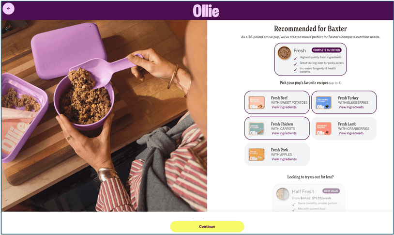 screengrab of recommended plan page of Ollie's sign up quiz