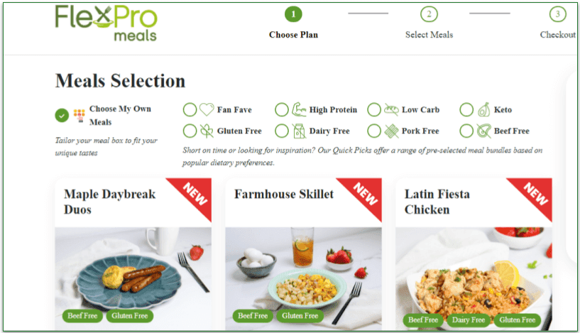 FlexPro Meals' Meal Selection page with Choose My Own Meals highlighted