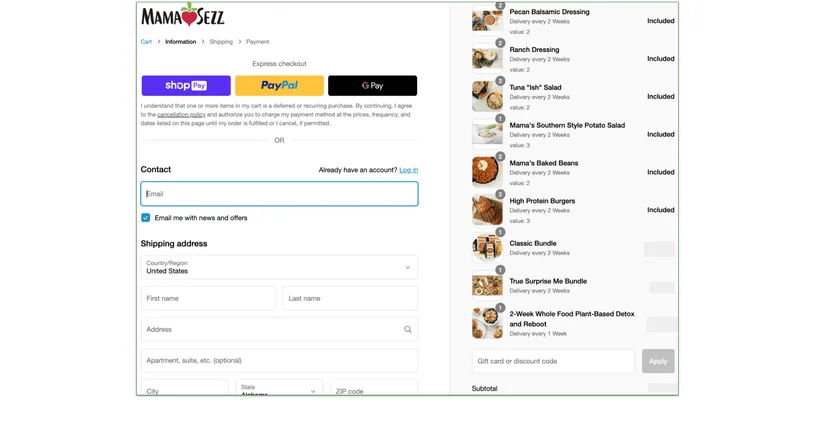 MamaSezz's checkout page