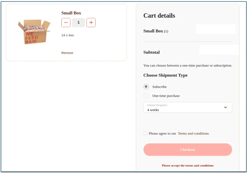 We Feed Raw's checkout process
