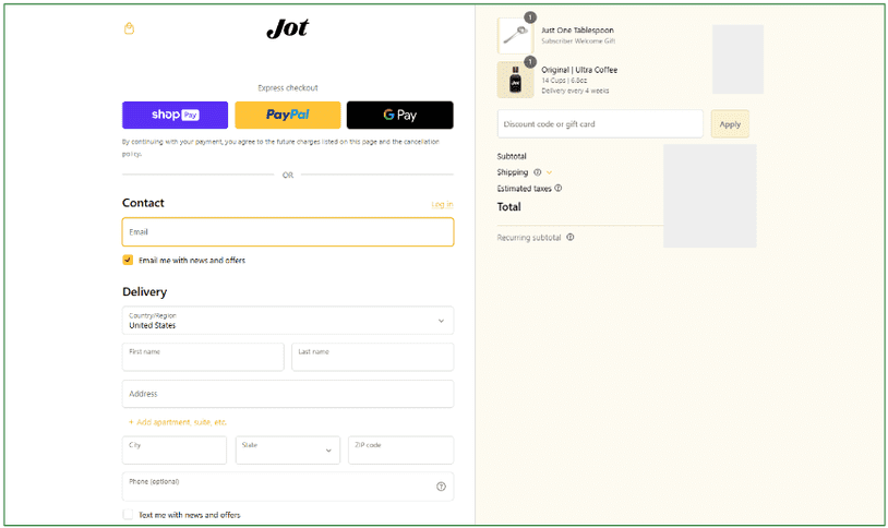 Screenshot of Jot's payment and delivery screen