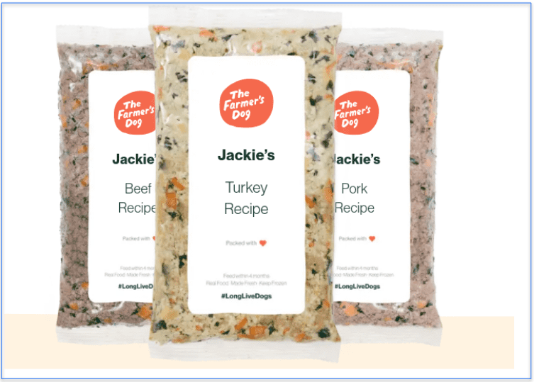Personalized packets of The Farmer's Dog Beef, Turkey, and Pork Recipes