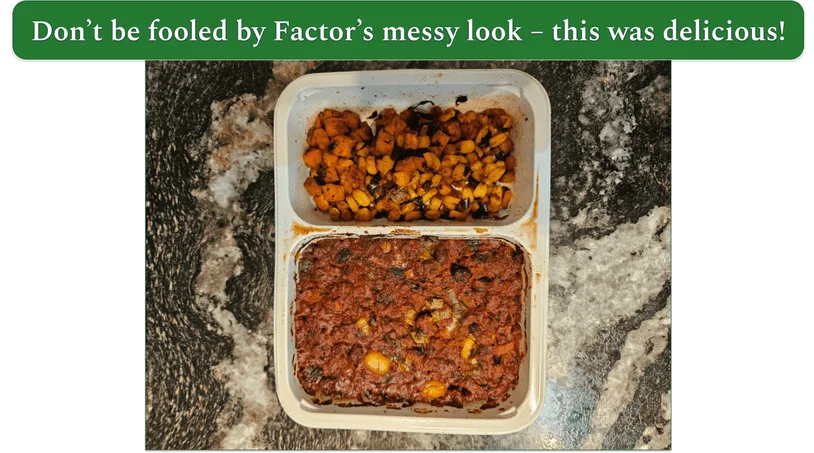 a screenshot of factor's Fiery Beef & Black Bean Chili with Cilantro Sweet Potato + Corn Salsa