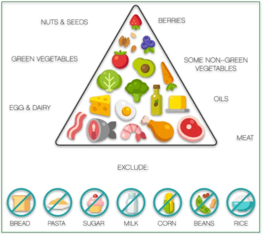 A keto food pyramid diagram showing what foods are allowed and what foods are excluded