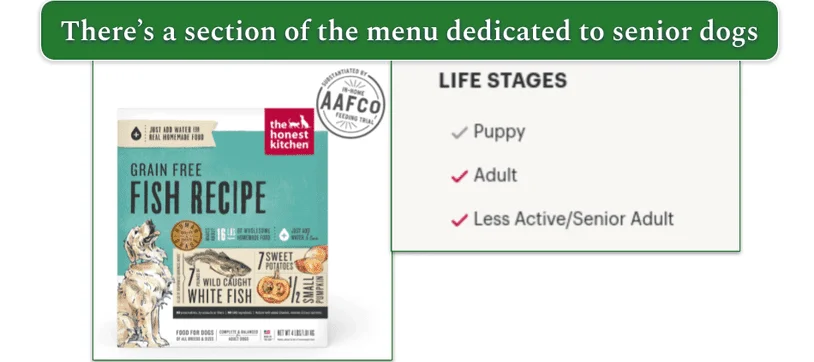 Dehydrated grain free fish recipe and a list of the life stages this meal is suitable for. Adult and senior are ticked