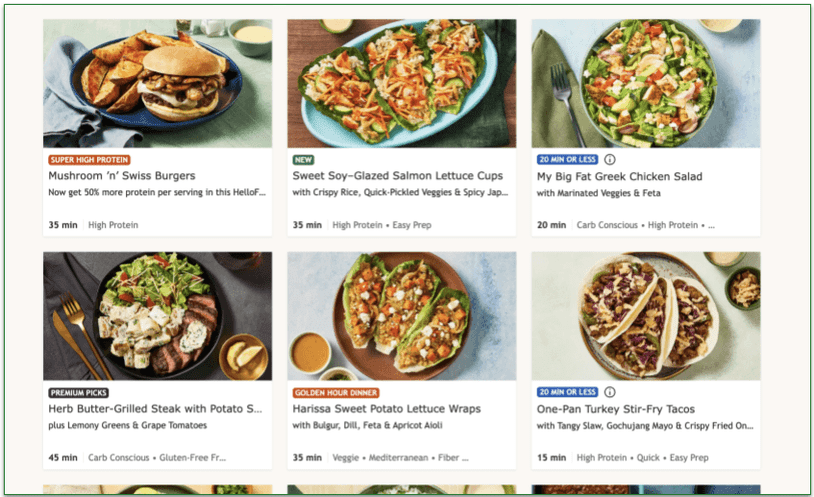 Screenshot of a weekly HelloFresh menu.