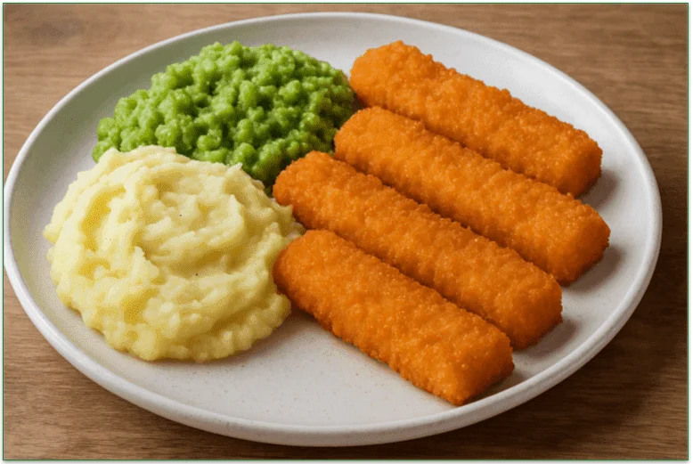 Fish sticks, mashed potato, and mushy peas on a plate