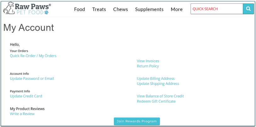 My Account page on Raw Paws Pet Food's site