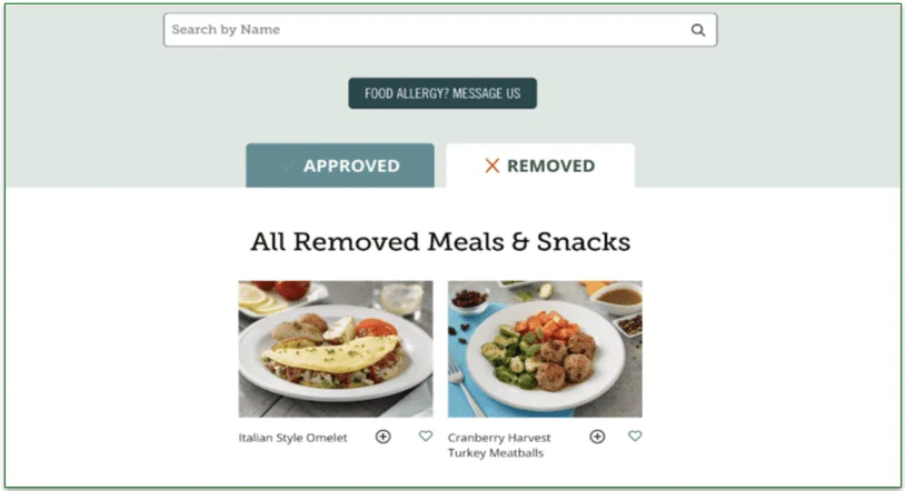 Screenshot of BistroMD account page showing all meals removed from plan