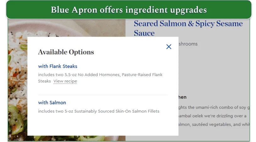 Image of the Available Options for a Seared Salmon recipe on Blue Apron