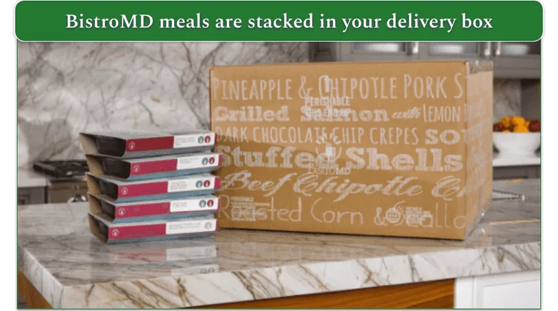 Image of a BistroMD delivery box with a stack of meals next to it