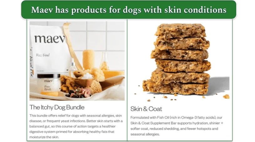 Maev’s Itchy dog bundle and Skin & Coat Supplement, which may be good for dogs suffering from skin allergies