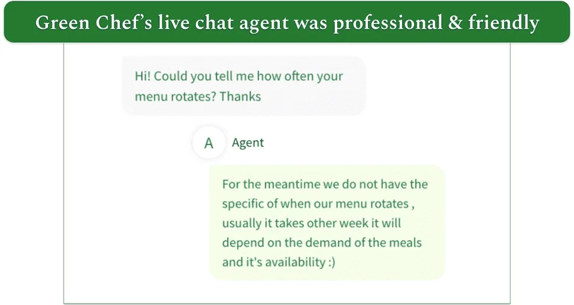 a screenshot of green chef's live chat feature