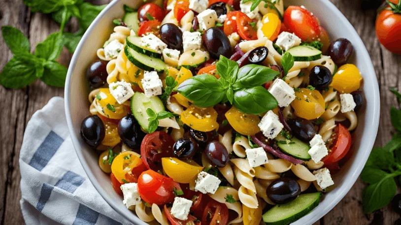 a bowl of pasta salad on a wooden table
