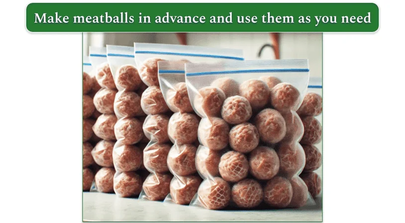Meatballs in freezer-safe bags lined up as batch cook