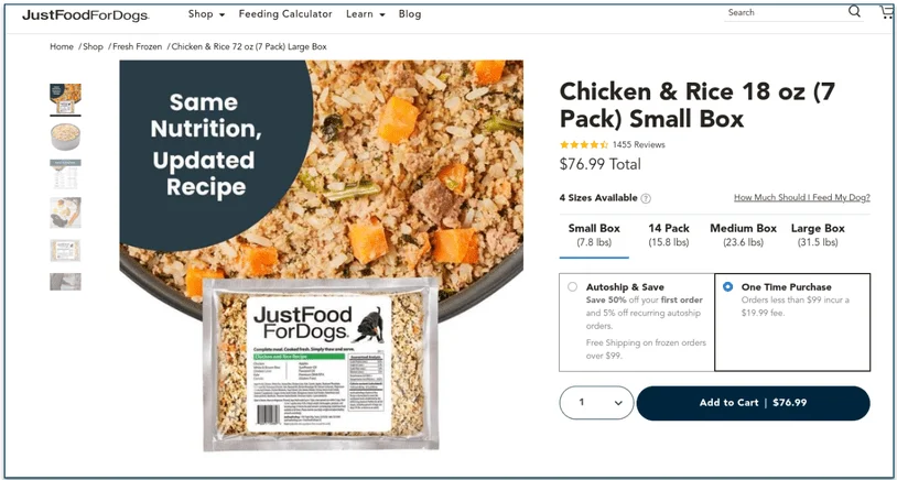 a screenshot of justfoodfordogs' pricing for its fresh frozen chicken & white rice meal