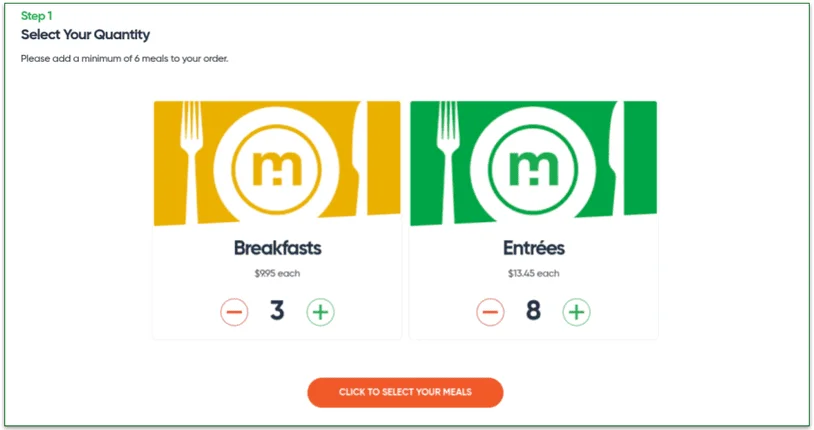  Screenshot of the breakfast and entree quantities for the Low FODMAP meals plan