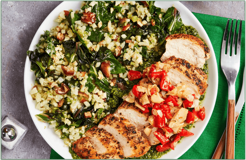 Green Chef's Chicken with Lemon-Basil Pistou, Artichokes, Cauliflower Rice, Chard & Dates
