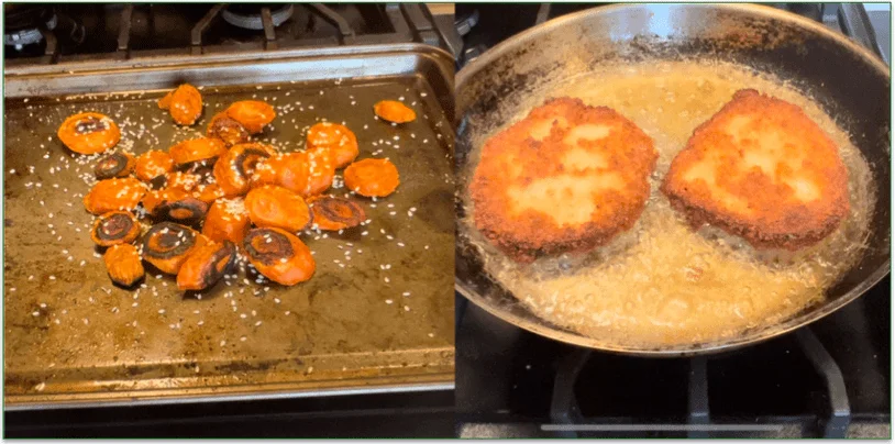 Tray with oven-baked carrots on the left and pan-fried pork on the right