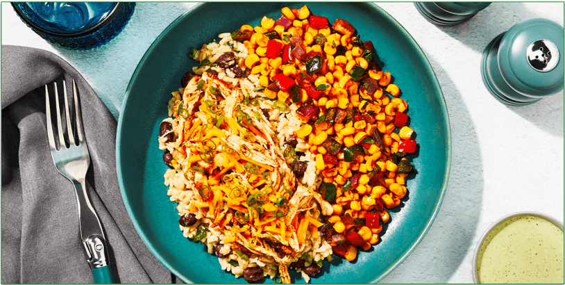 Factor's Shredded Chicken Taco Bowl with Roasted Corn Salsa & Cilantro Lime Sour Cream