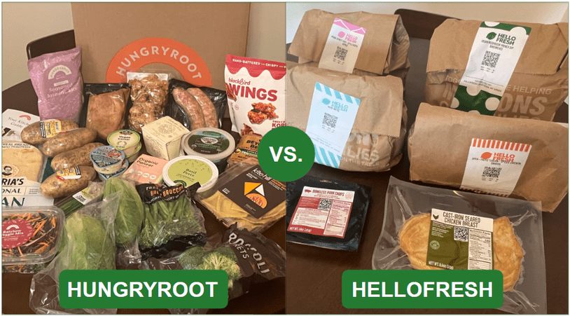 The complete contents of a Hungryroot shipment compared with the contents of a HelloFresh shipment
