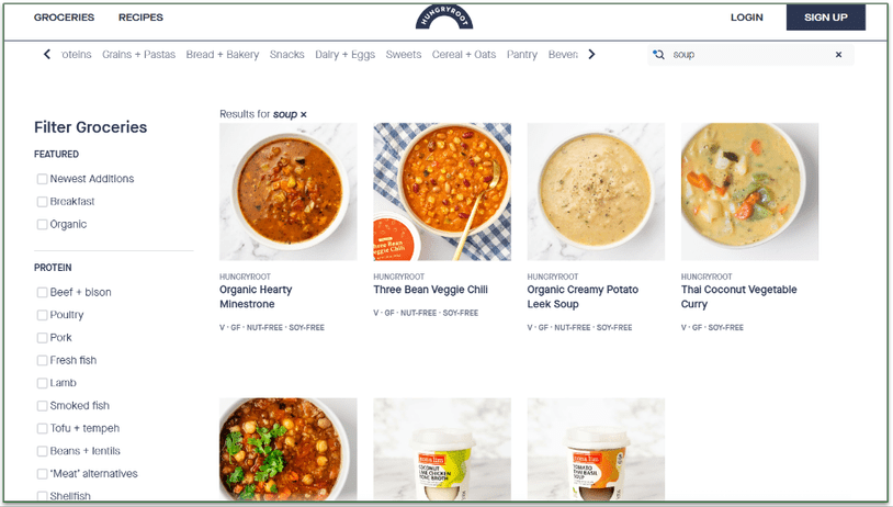 Screenshot of HungryRoot's grocery menu with soups selected