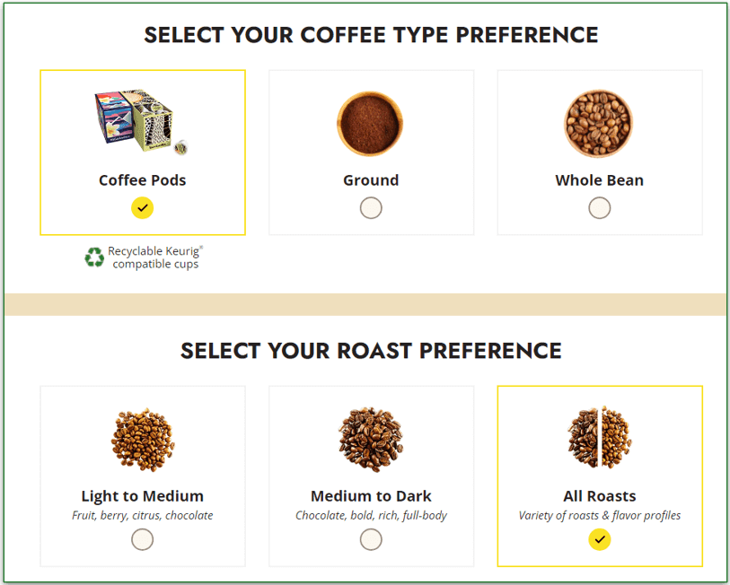 Screenshot of coffee type and roast preferences options during signup