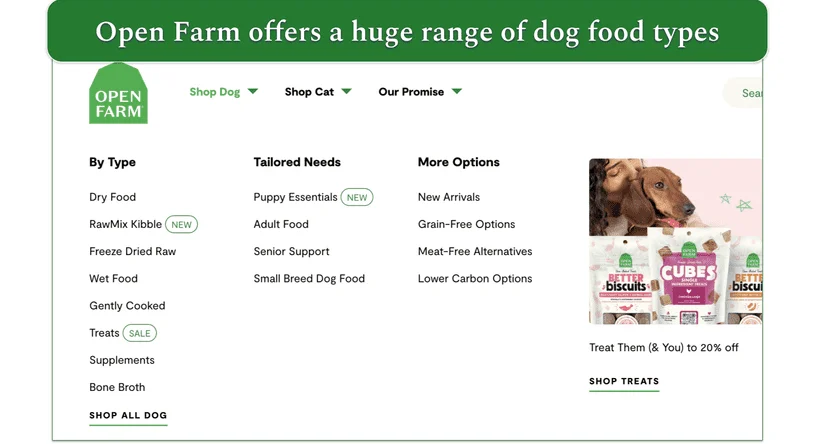 Screenshot of Open Farm’s dog food menu by type and needs