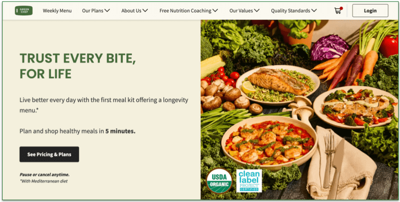 screenshot of green chef's homepage