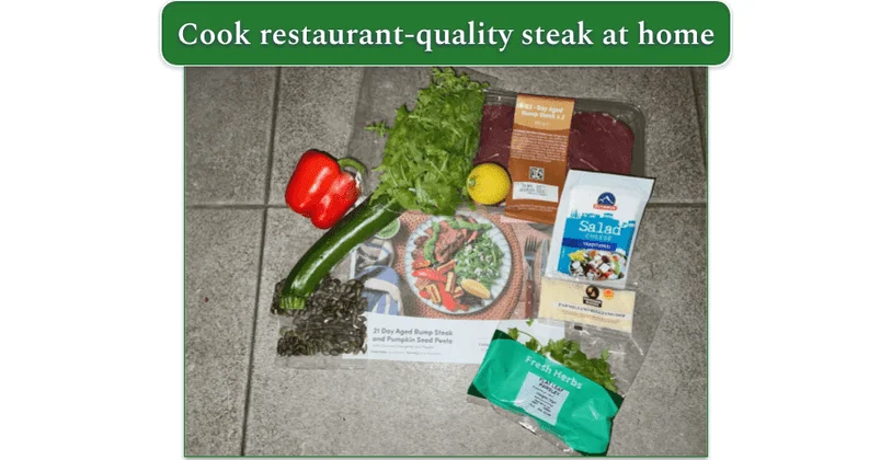 An unboxed Home Chef order showing the ingredients for 21 Day Aged Rump Steak