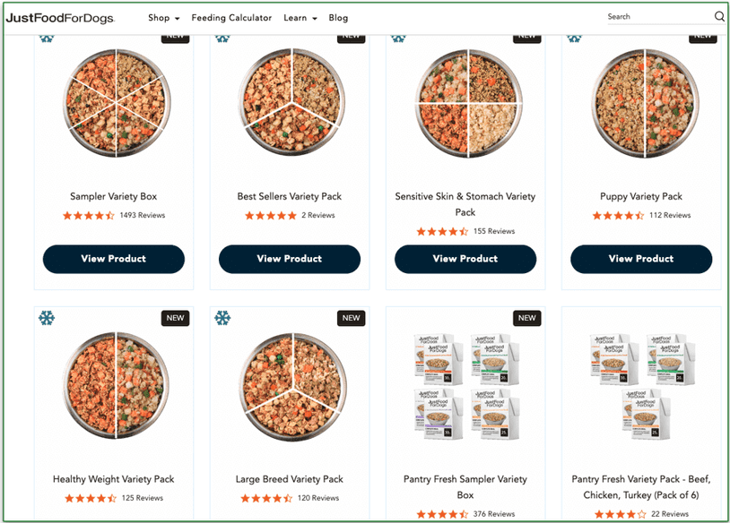 Image showing a selection of the variety packs that JustFoodFor Dogs offers