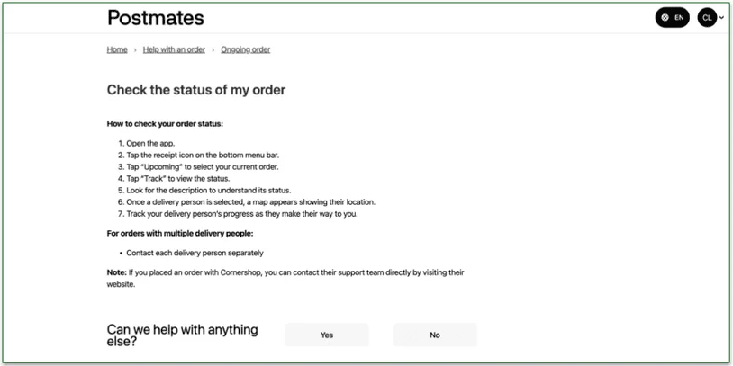 screenshot of an example of a Postmates' How To in the FAQ section