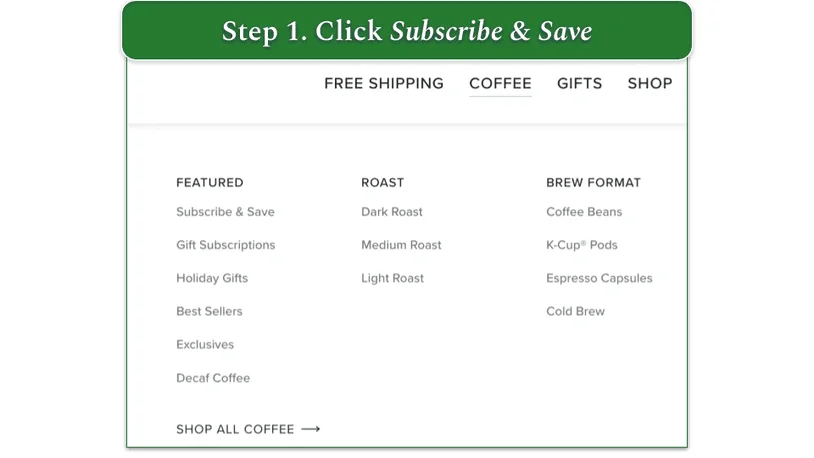 Peet's front page with a close up of the information at the top where you can sign up by clicking Subscribe & Save