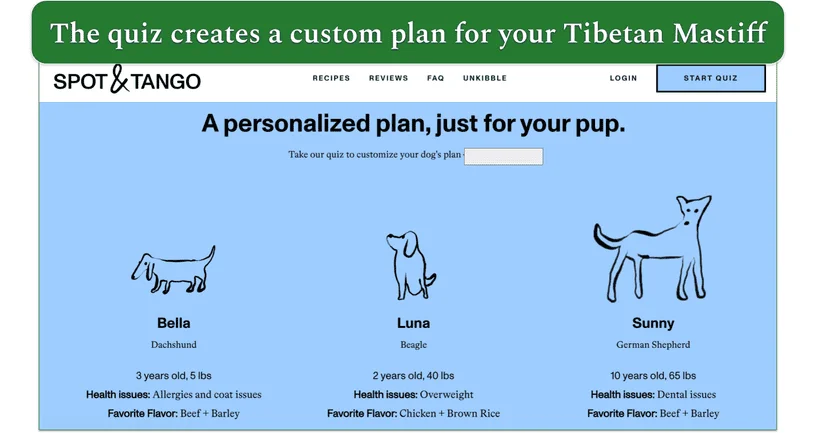 Screenshot of Spot & Tango’s website showing 3 plans for different breeds