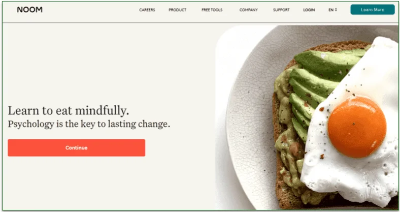 Screenshot of Noom's homepage