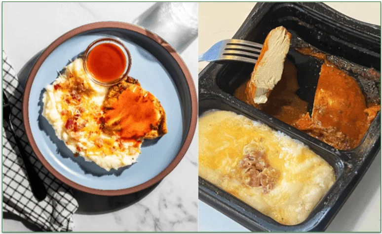 Image of the Buffalo Chicken Breast with Loaded Yukon Mash from Eat Clean next to a photo of the meal heated and ready to serve in a microwaveable tray