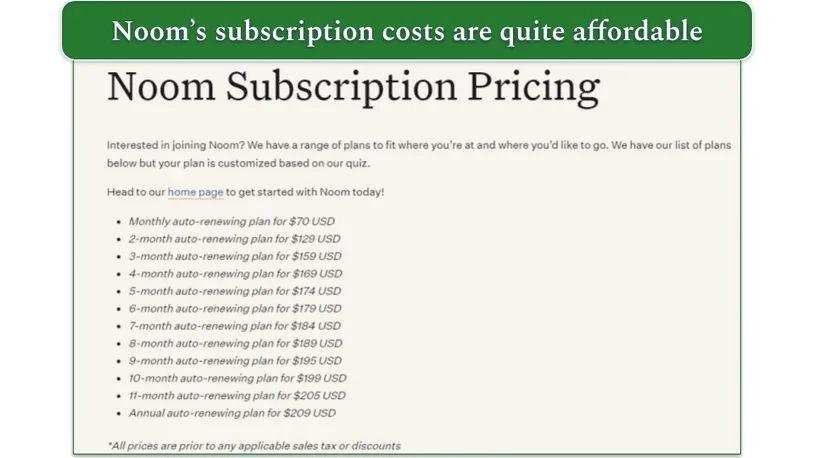 List of Noom's subscription costs