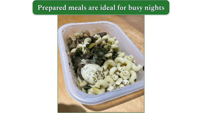 Image of cheesy truffle cavatappi prepared meal from Blue Apron in its microwaveable dish