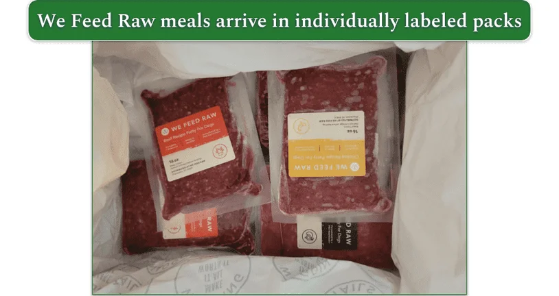 Open We Feed Raw delivery box with frozen packs