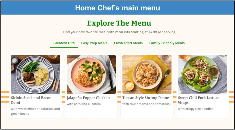 screenshot of Home Chef's main menu