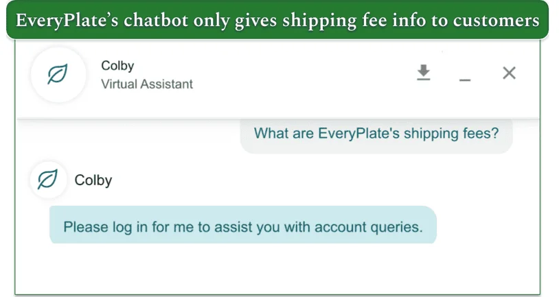Screenshot of EveryPlate's chatbot asking a customer to log in before they can be helped with a query