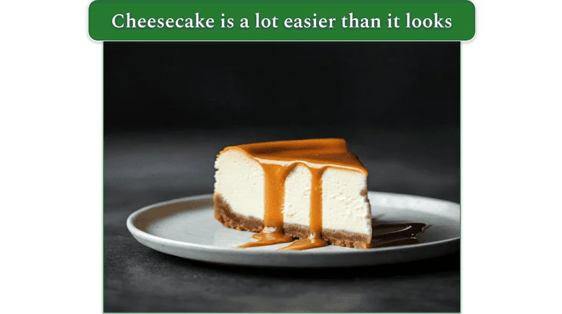 a plate of cheesecake with caramel coulis