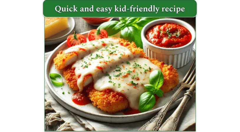 A serving of Chicken Tenders Parmesan on a plate, next to a bowl of marinara sauce