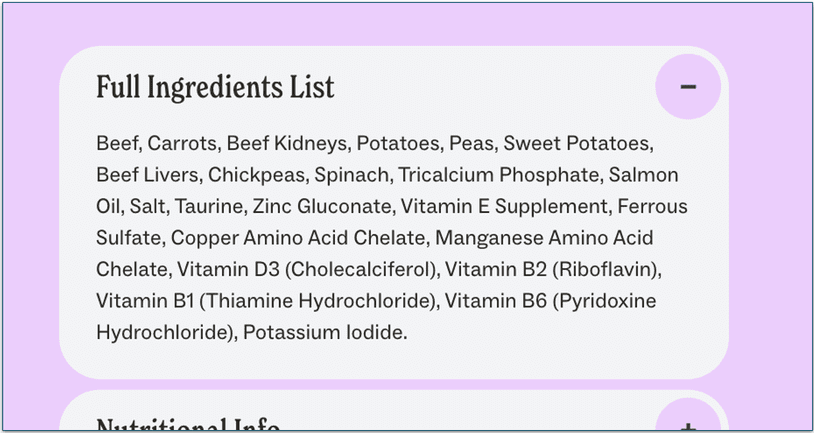 screengrab of full ingredients list for Ollie's fresh beef recipe
