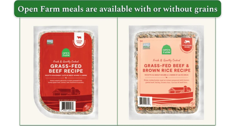 Side by side images of beef wet food with grains and beef wet food without grains