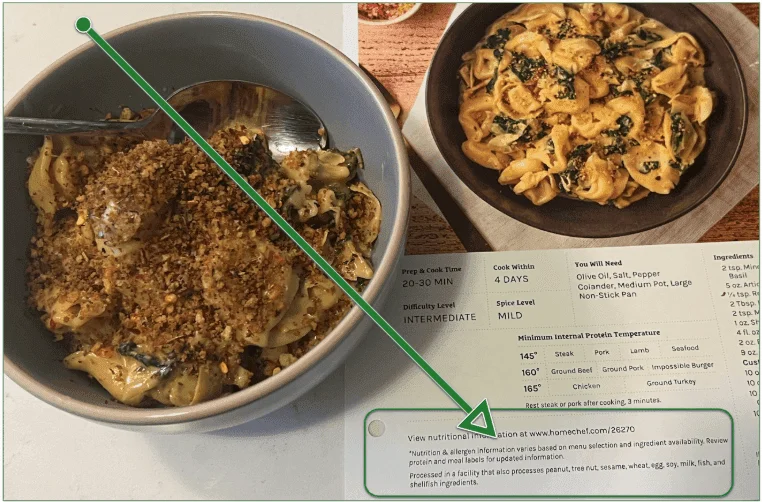 Photo of a Home Chef recipe card with allergen warning on it