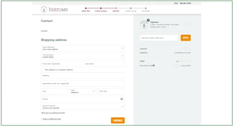 Screenshot of BistroMD's shipping address page