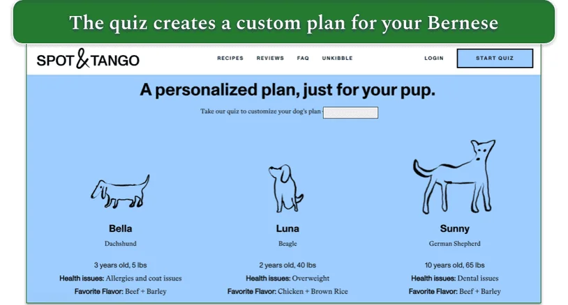 Screenshot of Spot & Tango’s website showing 3 plans for different breeds