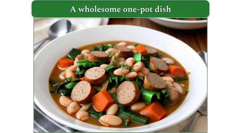 Bowl of sausage and Swiss Chard Stew